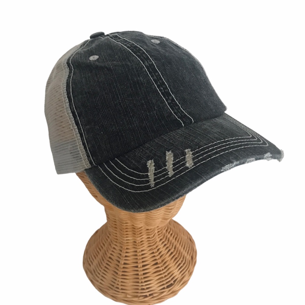 Distressed Canvas, Mesh Back Ponytail Hat Adjustable Black Grey New!